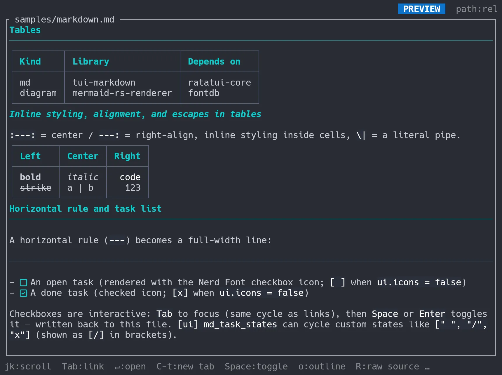 Markdown プレビューの表(セル内装飾・整列)・水平線・操作できるタスクリスト