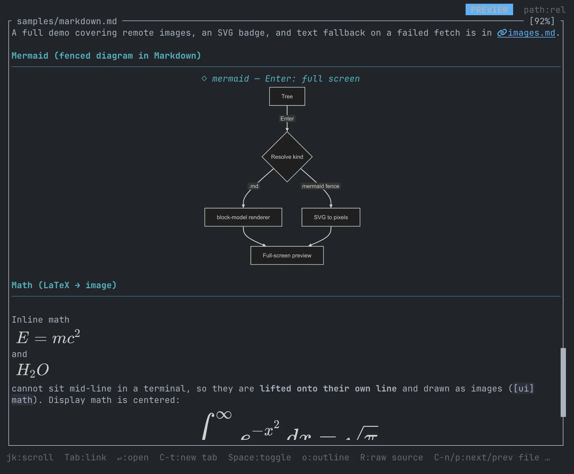 Markdown プレビュー内で実画像として描かれた Mermaid 図と LaTeX 数式